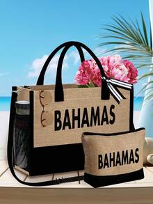 1 Juego de bolso de playa para mujer; Bolso de gran capacidad con 2 bolsas cosméticas; Impreso con el patrón negro "Bahamas", este bolso de estilo resort de lago es un bolso de viaje. Adecuado para bodas, cumpleaños y vacaciones - Multicolor - Ver 3