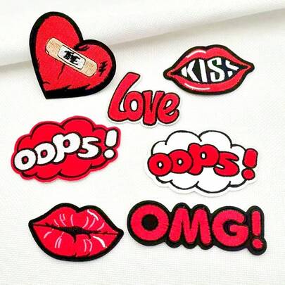 7片装爱心、嘴唇卡通刺绣布贴，熨烫布贴，装饰徽章，适用于DIY服装和配饰，旅行元素装饰熨烫布贴