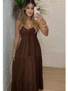 Women's Long Dress, Flowing Style, Thin Straps, V-Neck With Front Tie, Elastic Back - Fits Sizes 36 To 42. - 巧克力棕色 - 查看 2