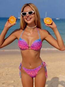 2026 女士夏季沙滩比基尼两件套，优雅性感露背泳衣，适合海滩度假，款式多样，包括吊带三角比基尼、豹纹印花和系带露背设计。 - 彩色 - 查看 1