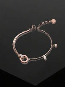 1 pieza Pulsera de doble anillo con números romanos de plata esterlina S925, pulsera delicada y elegante de mujer con incrustaciones de diamante de imitación, regalo único - geometría - Ver 9