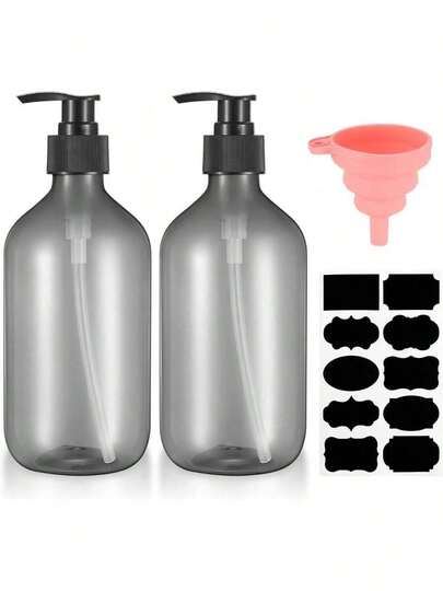 1pc/2pcDispenser, 500 Ml /17 Ounces Refills Air Pressure Bottle, Plastic Liquid Soap Dispenser Storage Stand Container, For Lotion, Shampoo, Conditioner, Funnel, Label Paper