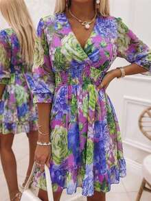 ChicMe Women's Elegant Floral Layered V-Neck Long Sleeve Dress, Waist-Cinched Pleated Ruffle Chiffon Vacation Style Flared Mini Dress, Summer Style - Lilac Purple - View 1