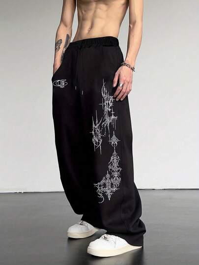 Men's Wide-Leg Loose-Fit Thick Thigh Thorn Of Cross (Thorn Cross) Print Pants With Adjustable Drawstring Waist - Straight-Leg Casual Trousers For, Outdoor & Casual Attire, All-Season Comfortable (For All-Season Use If Necessary) -