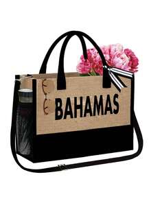 1 Juego de bolso de playa para mujer; Bolso de gran capacidad con 2 bolsas cosméticas; Impreso con el patrón negro "Bahamas", este bolso de estilo resort de lago es un bolso de viaje. Adecuado para bodas, cumpleaños y vacaciones - Multicolor - Ver 14