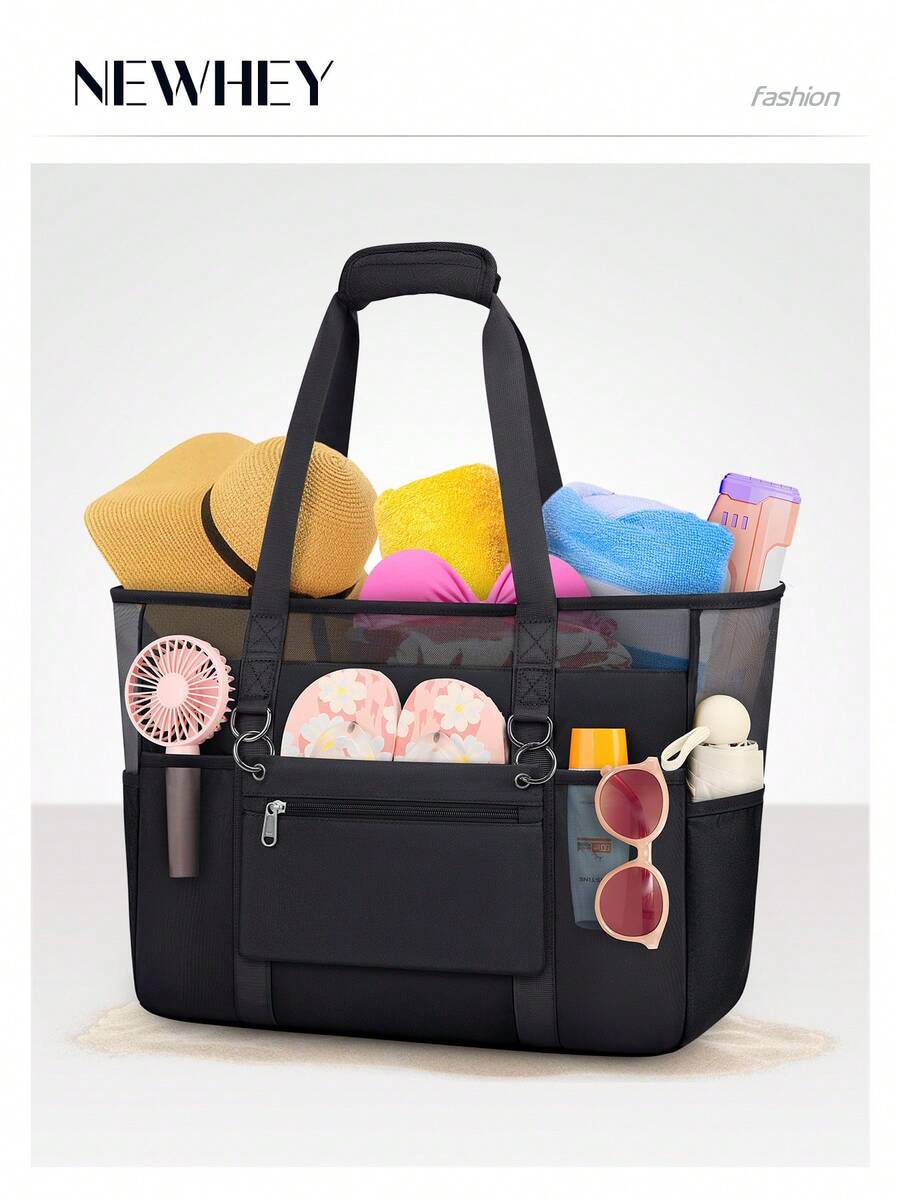 NEWHEY 女士 XXL 可折叠防水沙滩包，带拉链的浴室手提包，适合度假、泳池、野餐，黑色 - 彩色 - 查看 1
