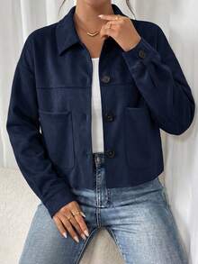 PRETTYGARDEN Women's Faux Suede Cropped Jacket Casual Fall Fashion Button Down Winter Coats Outerwear Clothes Christmas New Years Outfit Women - 藏蓝色 - 查看 3