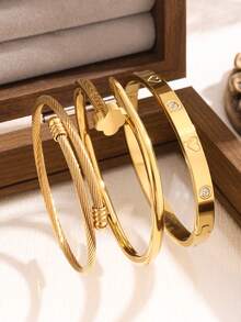 New Stainless Steel High Quality Floral Zirconia Women's Bangle Bracelet Set, Suitable For Daily Wear - Gold 12 - View 3