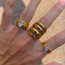 VKHK 1枚复古18K镀金不锈钢锆石装饰厚戒指，适合女性日常及婚礼佩戴，礼品 - 彩色 - 查看 2