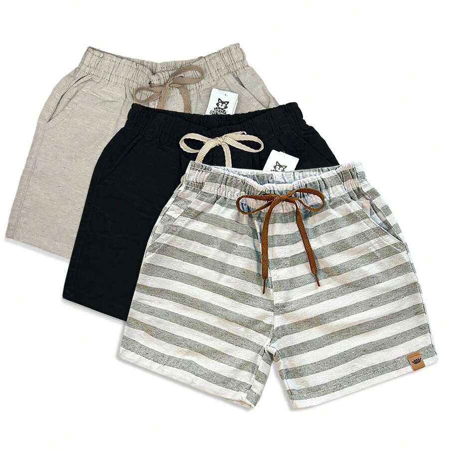 Set Of 3 Premium Linen Shorts For Children And Teens, Bermuda Style, Sizes 2-16 - 深灰色 - 查看 1