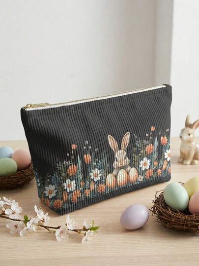 复活节兔子图案灯芯绒化妆包，轻便旅行拉链化妆包，男女通用洗漱用品收纳袋