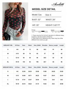 Acelitt Blusa de manga larga ajustada con cuello alto, de malla transparente negra con estampado de corazón, para primavera - Multicolor - Ver 5