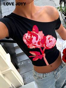 Camiseta Ombro a Ombro Feminina LOVE JOYY, Padrão de Rosa Elegante e da Moda, Adequada para Férias de Primavera/Verão e Festas, Top Preta - Preto - Visão 2