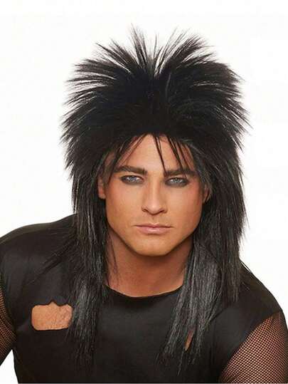 Morvally Unisex Long Black 70s 80s Mullet  Glam Rock-Rocker Cosplay Wigs For Women And Men's Halloween, Themed Costume Party