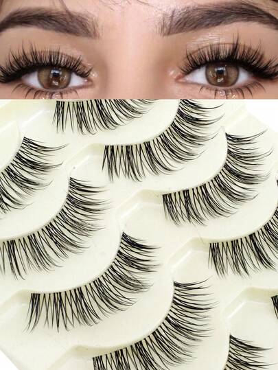 5对蓬松卷曲透明假睫毛，舒适轻盈一体式柔软毛韩国甜美大眼睫毛