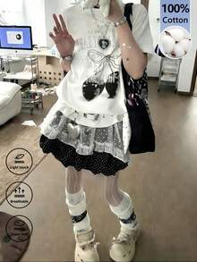 Y2K风格宽松图案白色樱桃蝴蝶结印花复古朋克电子女孩休闲T恤 夏季 - 白色 - 查看 1