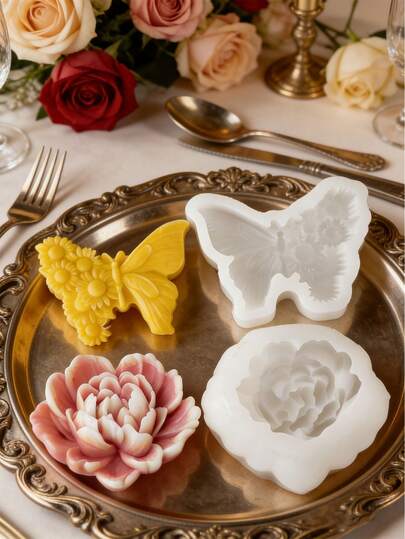 Heart Rose & Daisy Butterfly Silicone Mold, Flat Silicone Candle Mold, Easter Decoration, Heat Resistant | High Elasticity Soft Silicone Mold, Multi-Purpose - For Making Candles, Plaster/Painting, Squeezing Toys/Stress Relief, Photography Backdrop, Home Decor For Holidays, Party Gifts, Handmade Crafts, Durable And Easy To Clean, Reusable