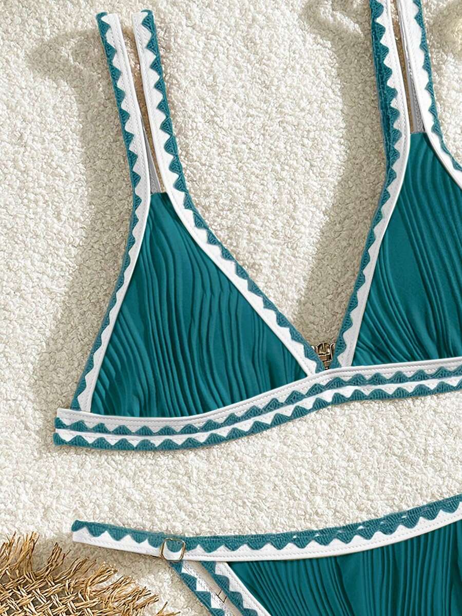 Bikinx Bộ bikini nữ gợi cảm hở lưng, họa tiết dập nổi, viền phối màu tương phản và đường viền hông quyến rũ, dây đeo mảnh co giãn cao, thích hợp cho kỳ nghỉ hè trên bãi biển. - Màu xanh ngọc - Xem 1