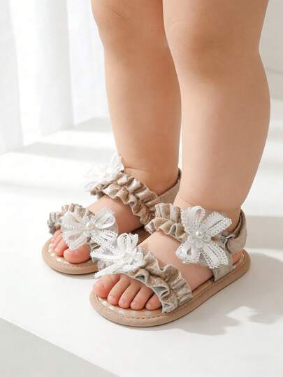 Infant Infant Girls Summer Sandals With Flower Bowknot Soft Sole Wedding Dress Flats Newborn First Walkers Crib Dress Shoes