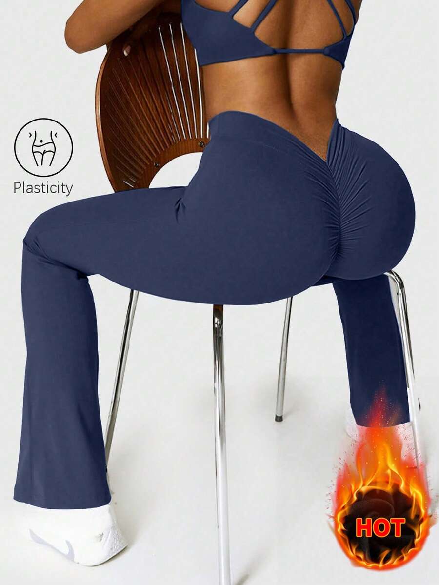 Speed mate Coffee High-Waisted Wide-Leg Women's Wool Thermal Lined Yoga Flare Pants, Warm & Suitable For Dance In Winter - Navy Blue - View 1