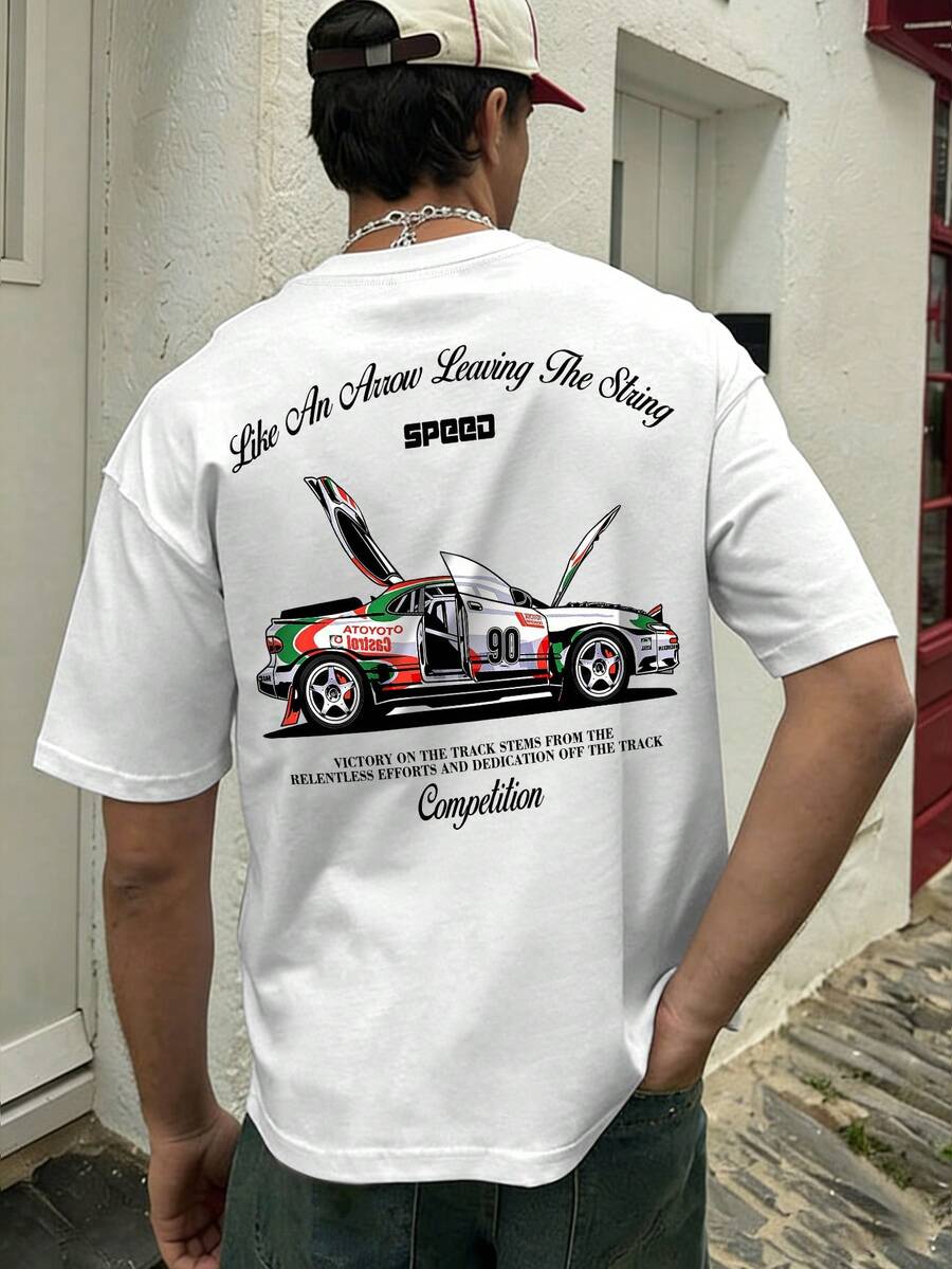 男士夏季圆领短袖汽车字母印花休闲T恤 - 白色 - 查看 1