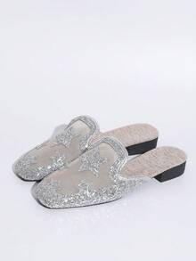 Gold, Silver, Black Sequin Square Toe Slip-On Shoes, Women's Mesh Breathable Open Toe Mules, Lace Net Fabric Flat Sandals For Summer Dresses - Silver - View 8