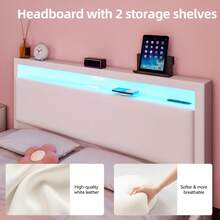 Double Bed Frame With LED Lighting, USB Type-C Charging Function, Storage Headboard, 4FT6 Double Bed Storage Bed Frame With Metal Slatted Frame, Linen, No Mattress, 135x190cm, Beige - UK Plug(220-240V) - View 3