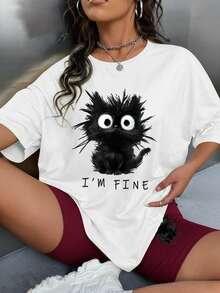 Moomoo, Moomoos Women's Pajama Sets, Casual Crew Neck T-Shirt And Shorts Sets, Suitable For Lounging At Home Or Exercising. Perfect For Spring And Summer. Featuring A Casual Cat Slogan Print.. - Red and White - View 6