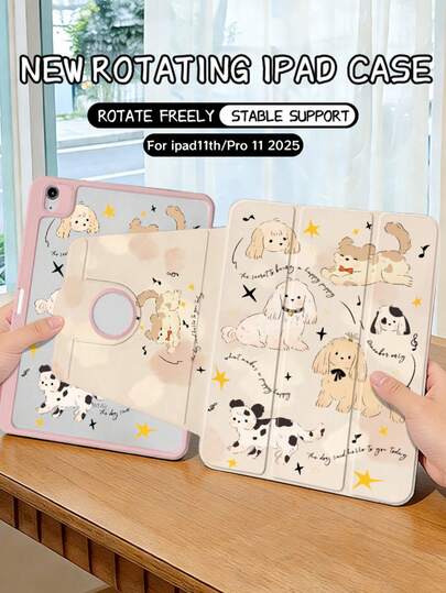 可爱小狗星形图案旋转支架平板电脑保护套，适用于第十/十一代苹果手机和11英寸苹果Pro（2025款），支持自动唤醒/睡眠功能和多角度支撑。这款非磁性保护套是节日送礼的绝佳选择。