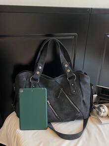 Retro Minimalist Large Capacity Fashion Student/Work Commute Tote Bag - Black - View 4