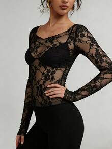 Áo lót dài tay cổ cao ren xuyên thấu mới năm 2026, thích hợp cho mùa xuân, hè, thu, ngày lễ tình nhân. Màu đen. - màu đen - View 6