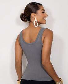 Women's Ribbed Tank Top With U-Neck, Polyamide - Grey - View 2