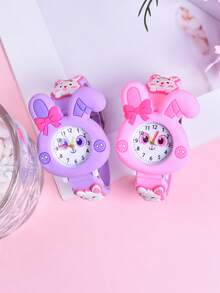 2pcs/Set Girls' Cartoon Long Ear Rabbit Soft Silicone Strap Children's Pointer Watch, Student Creative Animal Pattern Quartz Wristwatch - Multicolor - View 5