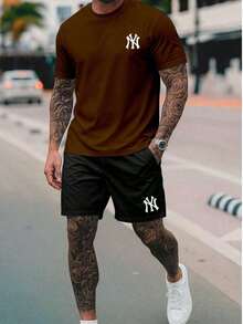 New York City NY 2-Piece Set - Men's 100% Cotton T-Shirt + Lightweight Comfortable Tactel Shorts - Men's Streetwear Fashion - New Arrival - Immediate Shipping - 鏽棕色 - 查看 1