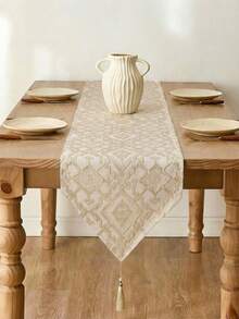 1pc Jacquard Decorative Table Runner, Gold Geometric Pattern, Tassel Decor For Dining Room, Living Room, Holiday - Gold - View 1