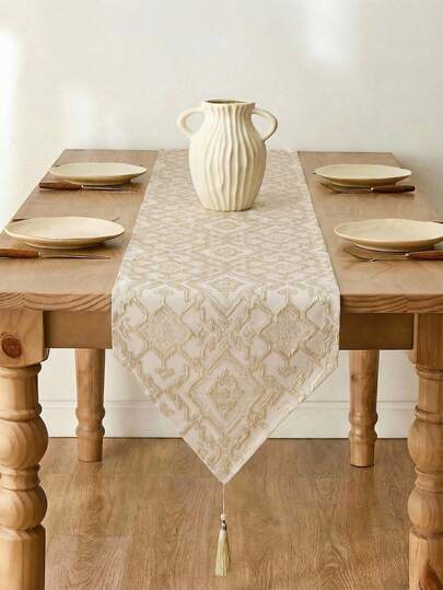 1pc Jacquard Decorative Table Runner, Gold Geometric Pattern, Tassel Decor For Dining Room, Living Room, Holiday