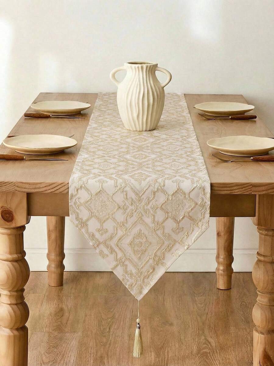 1pc Jacquard Decorative Table Runner, Gold Geometric Pattern, Tassel Decor For Dining Room, Living Room, Holiday - Gold - View 1