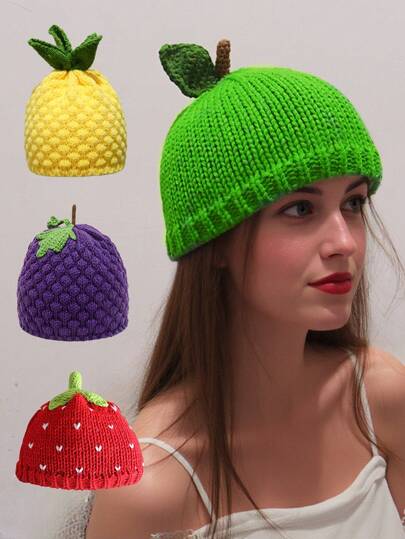 1pc Fruit Shaped Crochet Hat, Women's - Adorable Fruit Theme Knitted Beanie With Leaf Decor, Warm & Fashionable Choice For Autumn/Winter