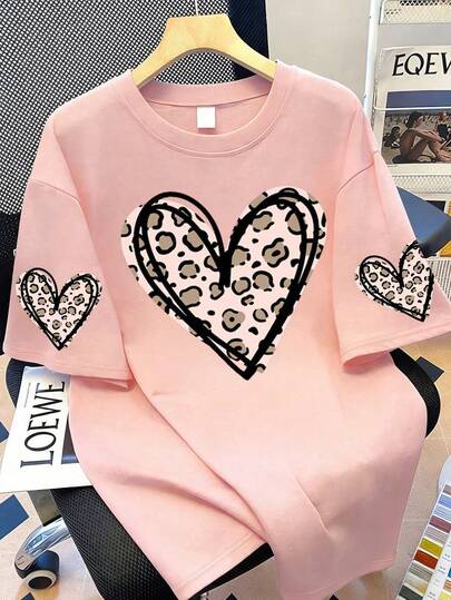 Camiseta de mujer talla grande con estampado de leopardo y corazones de cuello redondo, adecuada para vacaciones de verano, playa, días festivos, primavera, San Valentín, disfraces de carnaval