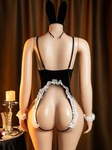 3件套性感兔女郎内衣套装：连体衣+头带+腕带，女士私密角色扮演服装 - 黑與白 - 查看 3
