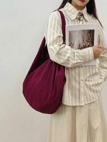 Large Capacity Plaid Pattern Shoulder Bag, Solid Color Nylon Water-Resistant Material, Minimalist Style Women's Crossbody Bag, Zipper Closure, Casual Practical Multipurpose Tote Bag, Suitable For Work, Study, Travel - Purple - View 5