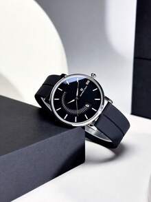 1pc Fashion Business Round Dial Men's Watch With Calendar Display, Silicone Strap And Magnetic Buckle, Suitable For Daily Wear And Great Gift Choice, No Packaging Included - Black - View 8