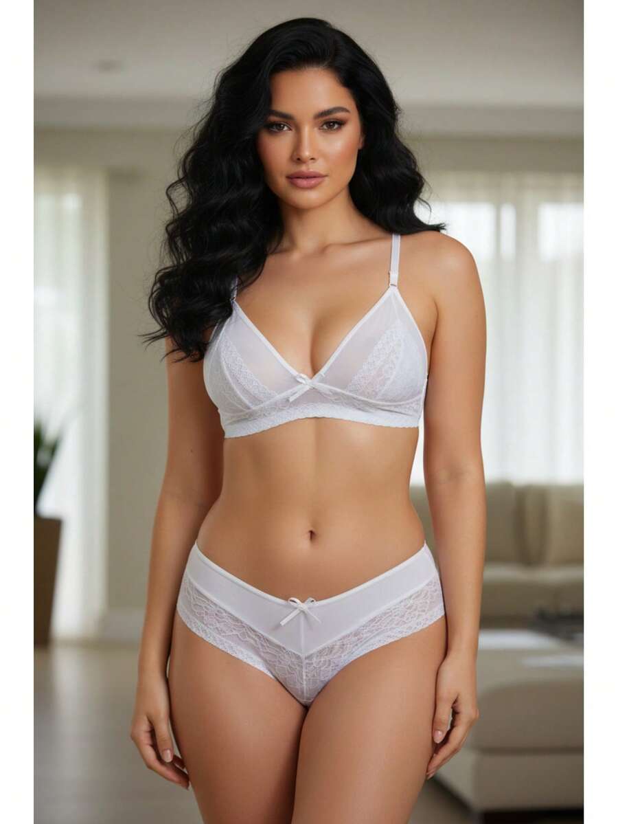 Conjunto Lingerie Tuane Renda Tule Sexy Sensual CJTRT011 - Branco - Visão 1