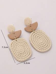 一对手工制作的独特椭圆形编织吊坠几何拼接效果耳环，四季皆宜，适合海滩、派对和日常佩戴。 - 卡其色 - 查看 2