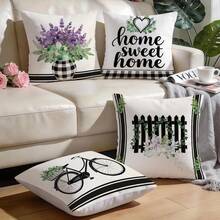 4pcs Black & White Plaid, Stripe, Floral, Bicycle Pattern Pillow Covers, Single-Sided Printed Cushion Covers, Suitable For Living Room, Bedroom, Home Decor, All Seasons - Multicolor - View 10