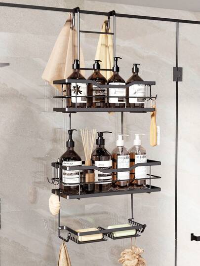 1pc No Drill Black Double-Layer Metal Bathroom Wall Basket, Rust-Proof Towel & Toiletry Storage Rack