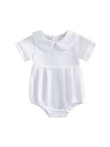 Newborn Baby Girls Summer Romper White Trim Short Sleeve Doll Collar Bubble Jumpsuit Cute Bodysuit - trắng - Xem 1