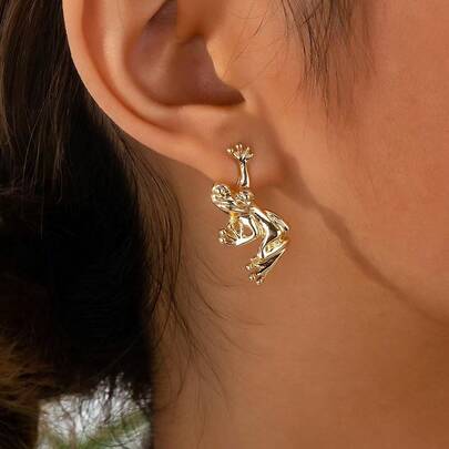 1对复古青蛙造型耳环，独特可爱动物耳环，百搭时尚配饰