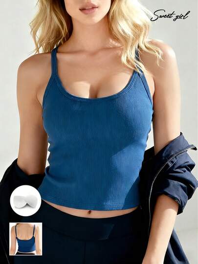 Versatile U-Neck Blue Sexy Minimalist Backless Camisole, Fitted Breathable Casual Cropped Tank Top With Chest Pad, Suitable For Layering Or Sportswear