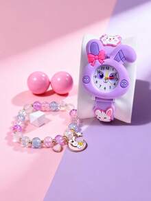2026 Nuevo Set de 2 piezas, regalo para la amiga de la hija, reloj de estudiante con correa de silicona suave, reloj de cuarzo con conejo de orejas largas y creativo, pulsera de cuentas colorida - Morado - Ver 5